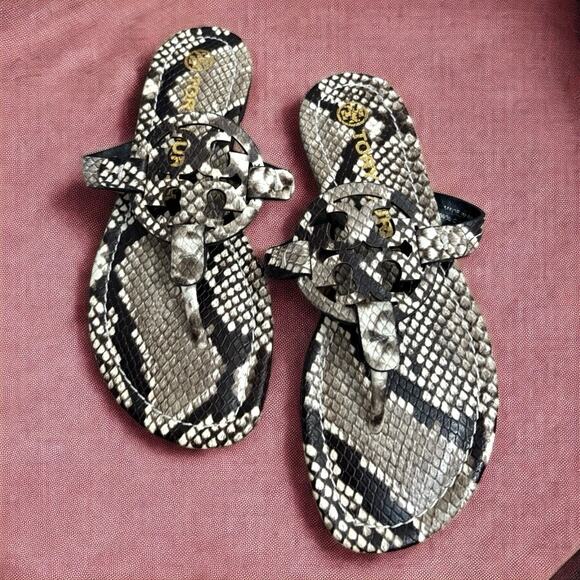 Tory Burch Miller Logo Thong Sandals Roccia Snake Leather Size 5 1/2 - Picture 1 of 6